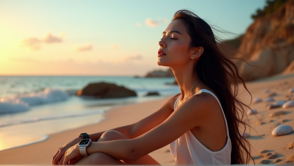 "A serene woman sits on a tranquil beach at sunset, surrounded by digital wellness tools like a smartwatch and wireless earbuds, exuding inner peace."