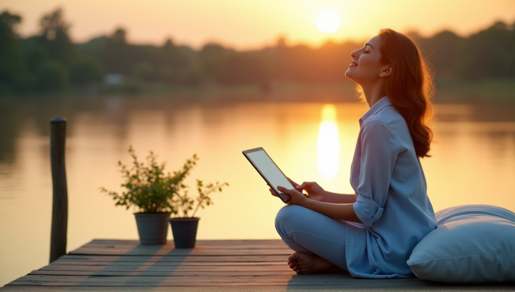 "A serene woman sits on a weathered dock overlooking a tranquil lake at sunrise, effortlessly balancing work and personal life with digital wellness tools."