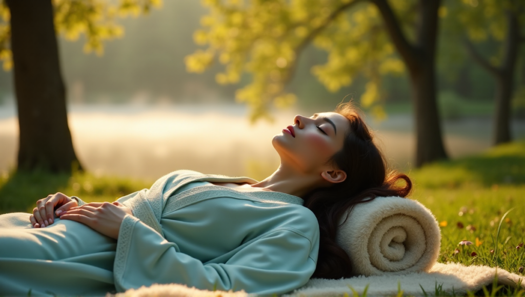 "A serene woman lies on a plush meditation mat in a peaceful outdoor setting surrounded by lush greenery and a misty pond."
