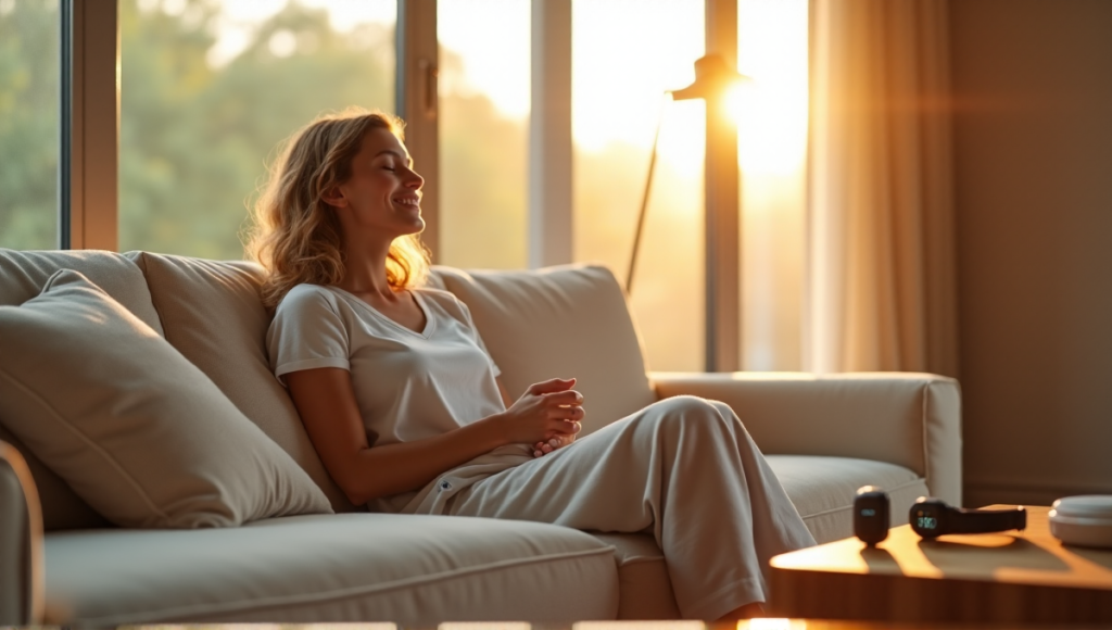 "A serene woman sits on a cream-colored couch in a minimalist living room surrounded by digital wellness tools like a brain-sensing headband and mindfulness meditation device."