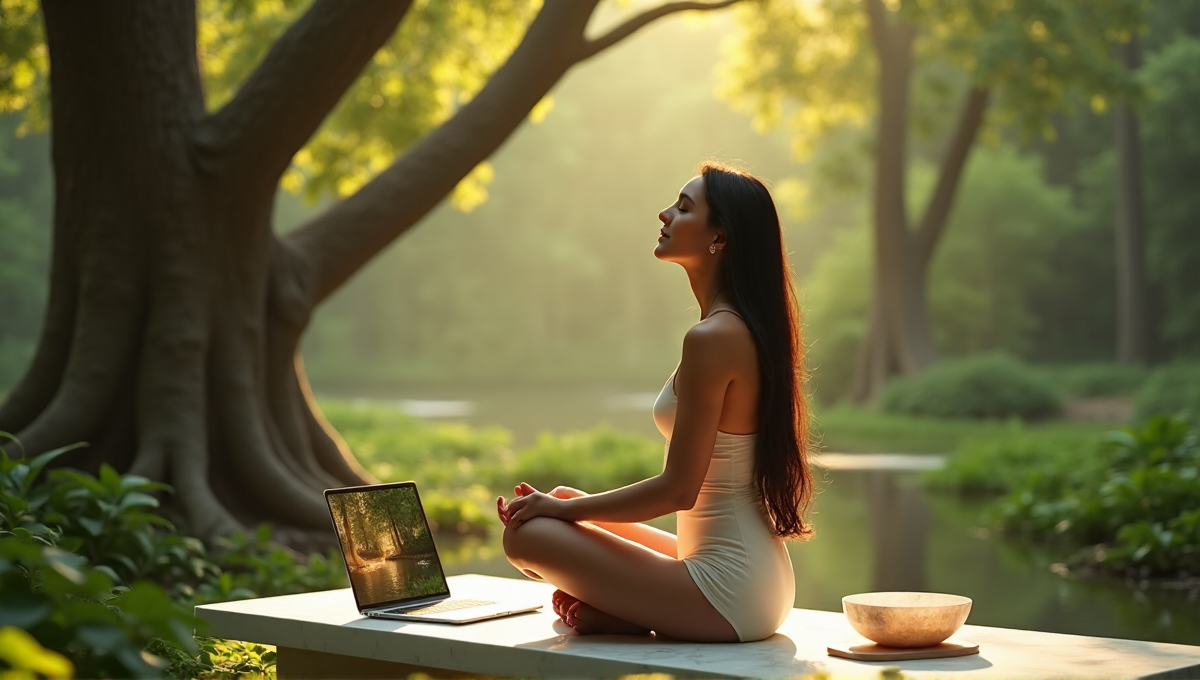 A serene woman sits on a white marble bench in a lush forest clearing surrounded by digital wellness tools, including a smartwatch, fitness tracker, meditation bowl, and laptop displaying nature-inspired wallpaper.