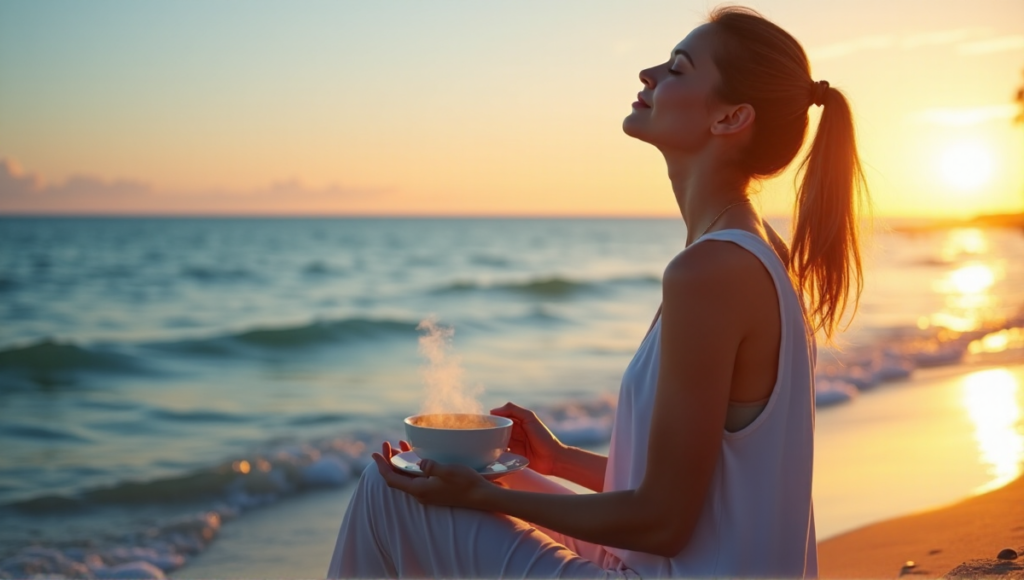 "A serene woman sits on a tranquil beach at sunrise, surrounded by calming ocean waves and digital wellness tools like a meditation-enabled smartwatch and soothing nature sounds speaker."