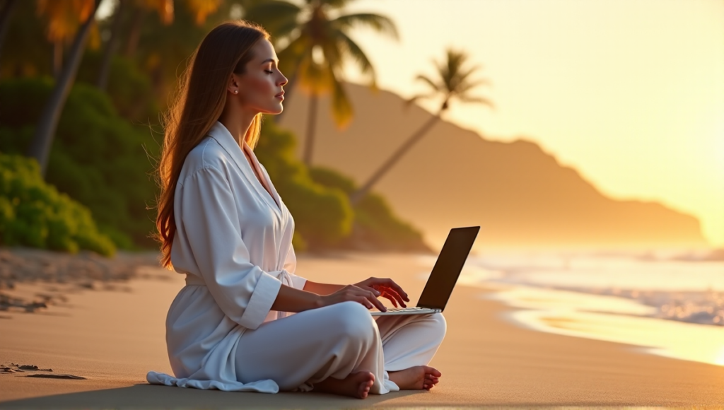 "A serene woman meditates on a tranquil beach at sunset, surrounded by palm trees and mist, using digital wellness tools on her laptop."