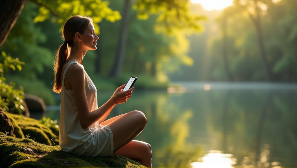 "A serene woman sits on a moss-covered rock near a tranquil lake, surrounded by lush greenery, with her eyes closed and smartphone nearby, exemplifying balance between nature and digital wellness tools."