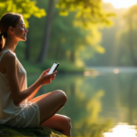 "A serene woman sits on a moss-covered rock near a tranquil lake, surrounded by lush greenery, with her eyes closed and smartphone nearby, exemplifying balance between nature and digital wellness tools."