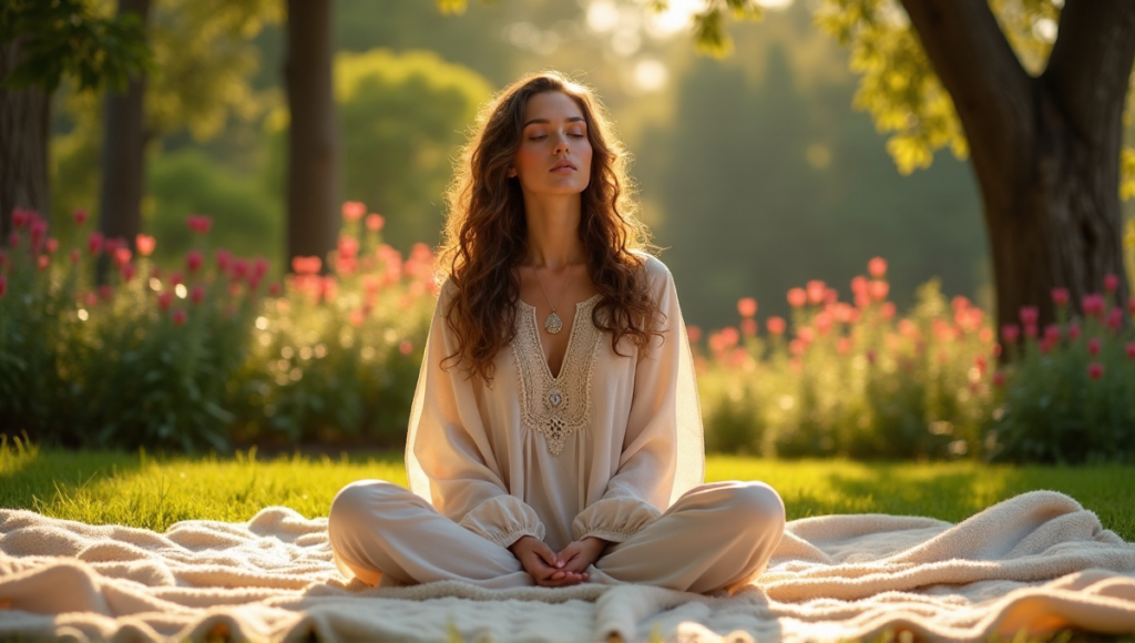"A serene woman sits cross-legged on a Moroccan-inspired rug in a peaceful outdoor setting, surrounded by lush greenery and vibrant flowers."