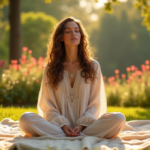 "A serene woman sits cross-legged on a Moroccan-inspired rug in a peaceful outdoor setting, surrounded by lush greenery and vibrant flowers."