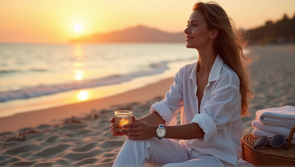 "A serene woman sits on a tranquil beach at sunset, embodying balance with Calmio's digital wellness tools, surrounded by soothing elements."
