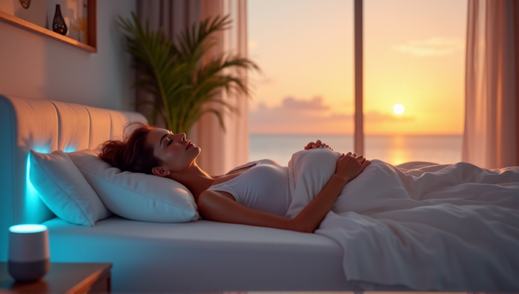 "A serene bedroom scene featuring a woman relaxing in bed surrounded by smart home devices promoting digital wellness tools and peaceful ambiance."