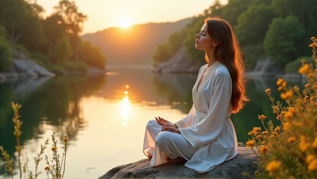 "A serene woman meditates on a cliff overlooking a tranquil lake at sunrise, embodying balance amidst life's chaos with digital wellness tools."