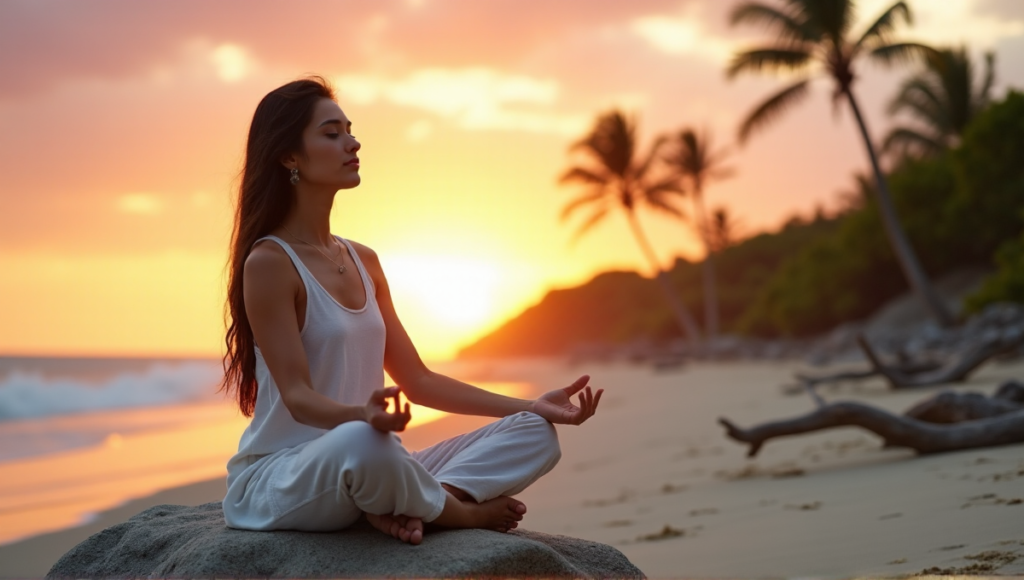 "A serene woman meditates on a tranquil beach at sunset, embodying inner peace amidst chaos, highlighting the importance of digital wellness tools in maintaining mental balance."
