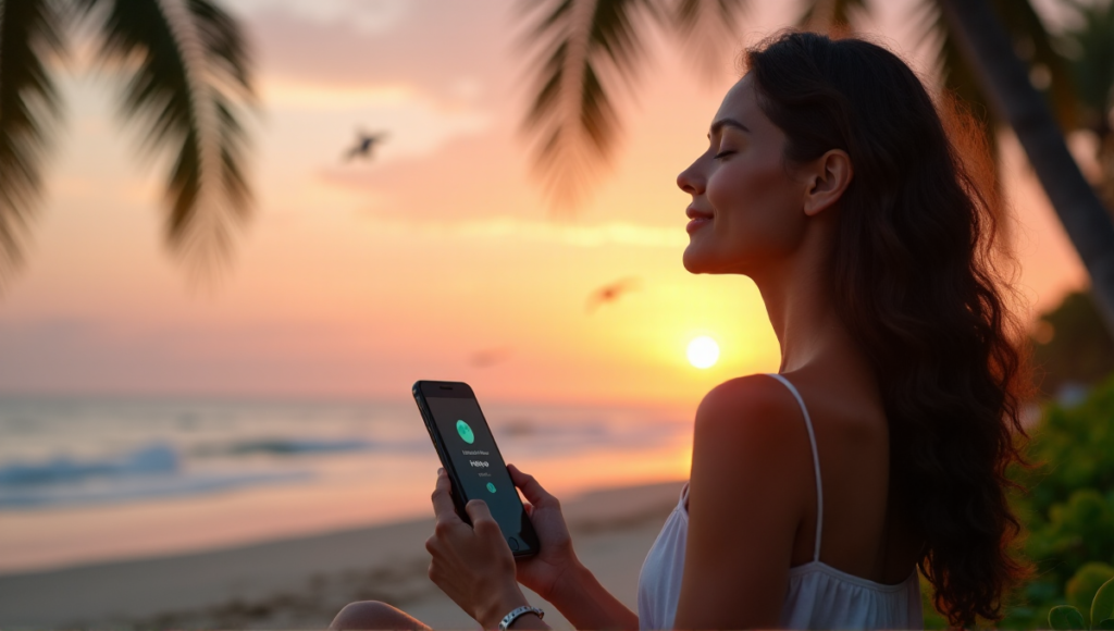"A serene woman sits on a tranquil beach at sunset, practicing mindfulness with her smartphone displaying a digital wellness tool."