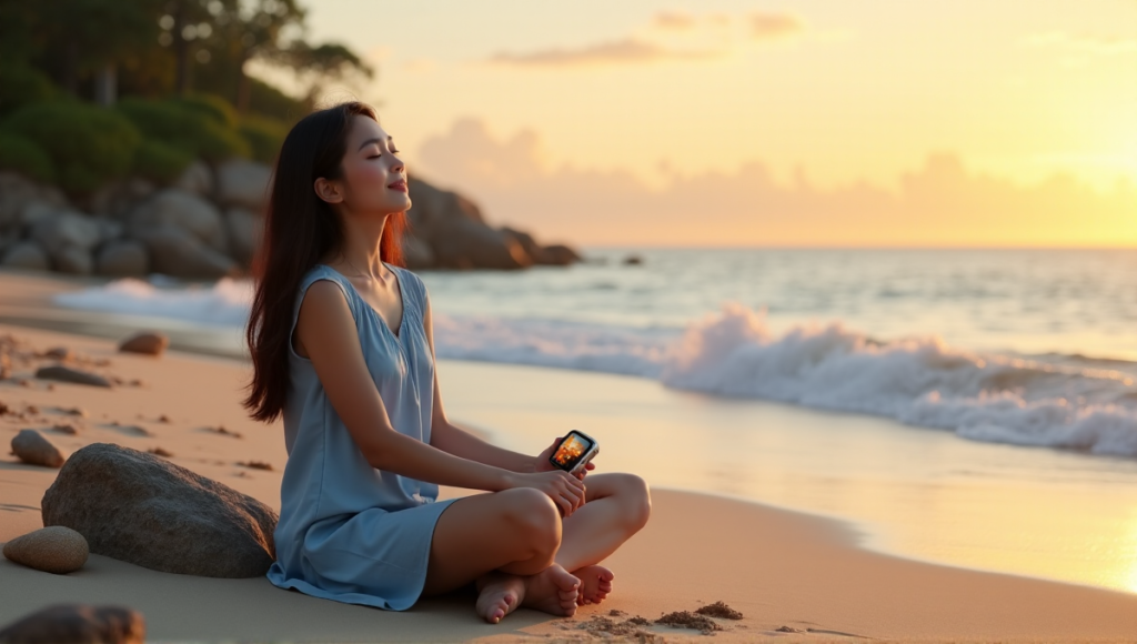 "A serene young Asian woman sits on a beach at sunset, wearing a pastel blue dress, with her eyes closed and hands holding a silver smartwatch displaying a calming nature scene."