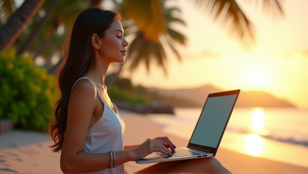 "A serene woman sits on a tranquil beach at sunset, laptop on her lap with a calming blue glow, exuding inner peace amidst lush greenery and palm trees."