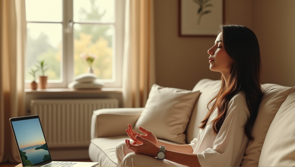 "A serene woman sits on a cream-colored couch surrounded by digital wellness tools: a silver smartwatch, charging iPhone, and open laptop displaying a nature scene."