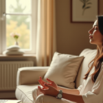 "A serene woman sits on a cream-colored couch surrounded by digital wellness tools: a silver smartwatch, charging iPhone, and open laptop displaying a nature scene."