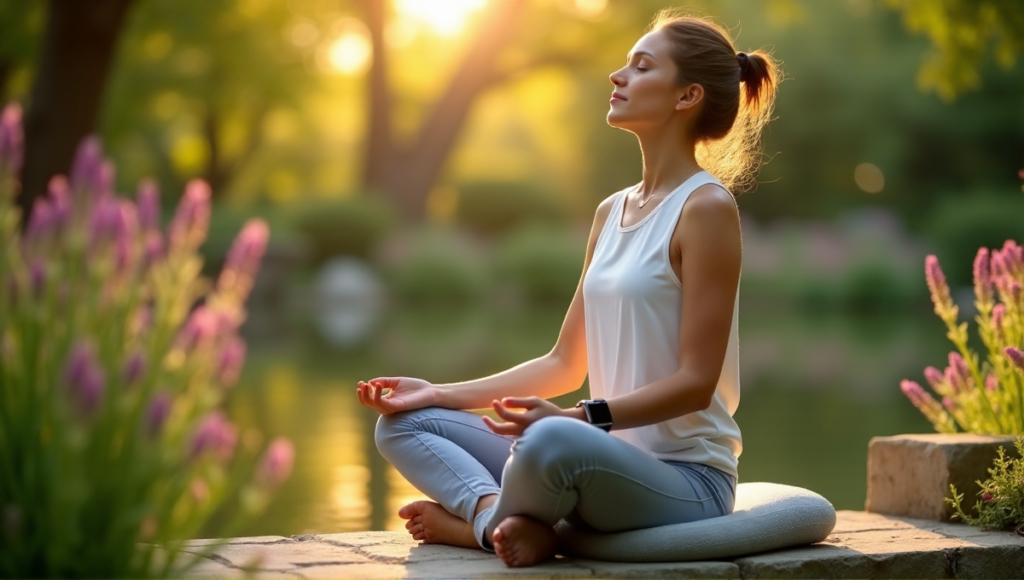 "A serene woman sits on a natural stone bench in a tranquil garden setting, using digital wellness tools like a smartwatch and essential oil diffuser to manage stress."