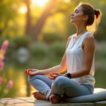 "A serene woman sits on a natural stone bench in a tranquil garden setting, using digital wellness tools like a smartwatch and essential oil diffuser to manage stress."