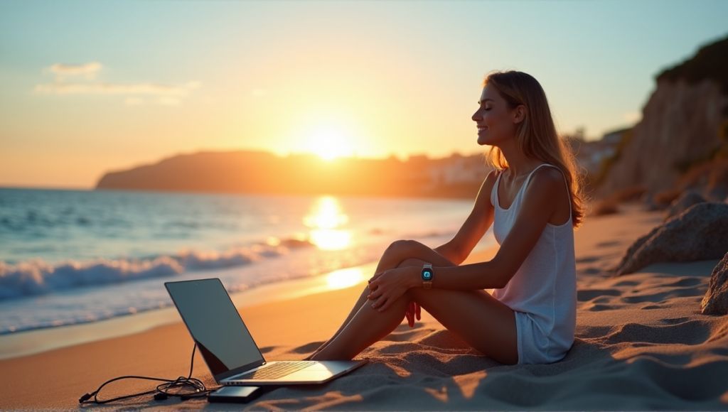 "A serene woman sits on a tranquil beach at sunset, surrounded by subtle digital wellness tools, enjoying perfect work-life balance in harmony with nature."