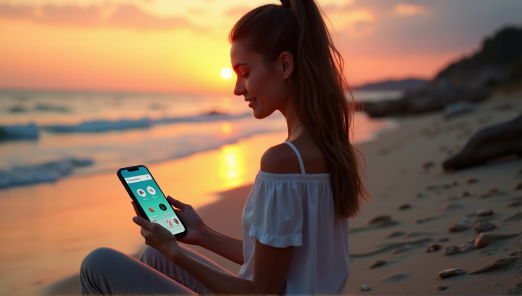 "A young woman sits on a serene beach at sunset, surrounded by calm ocean waves, mindfully scrolling through digital wellness tools like Headspace, Calm, and Moodfit on her smartphone."