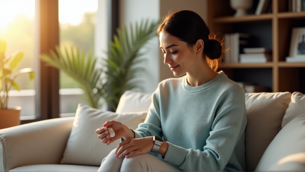 A serene woman sits on a cream-colored couch, surrounded by calming devices and self-help books, symbolizing her connection to digital wellness tools and mental health support.