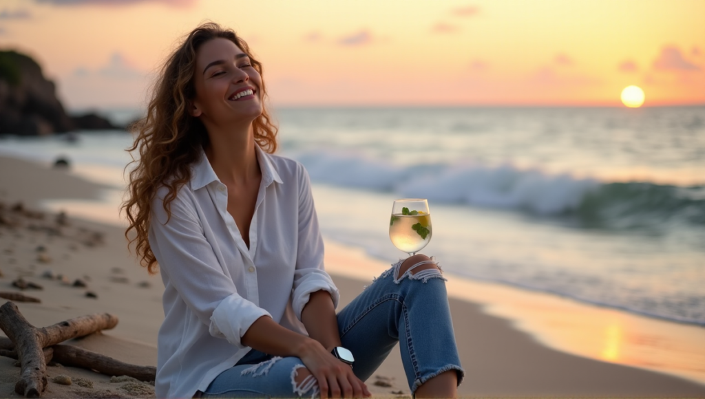 "A serene woman sits on a tranquil beach at sunset, embracing digital wellness tools for balance, surrounded by natural treasures and soft golden light."