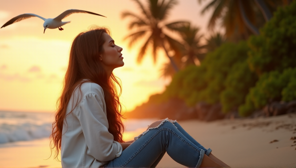 "A serene young woman sits on a beach at sunset, surrounded by lush greenery, embodying inner peace with digital wellness tools."