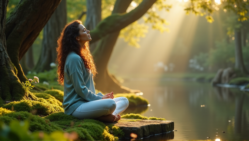 "A serene woman sits on a natural stone bench in a lush forest, surrounded by towering trees and vibrant foliage, exuding inner peace and balance amidst nature's tranquility."