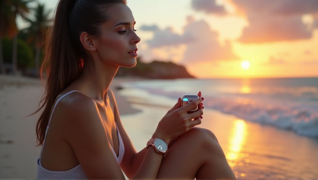 "A serene woman sits on a tranquil beach at sunset, surrounded by ocean waves, holding a smartwatch and rose-gold wireless earbuds charging case, evoking digital wellness tools for relaxation."