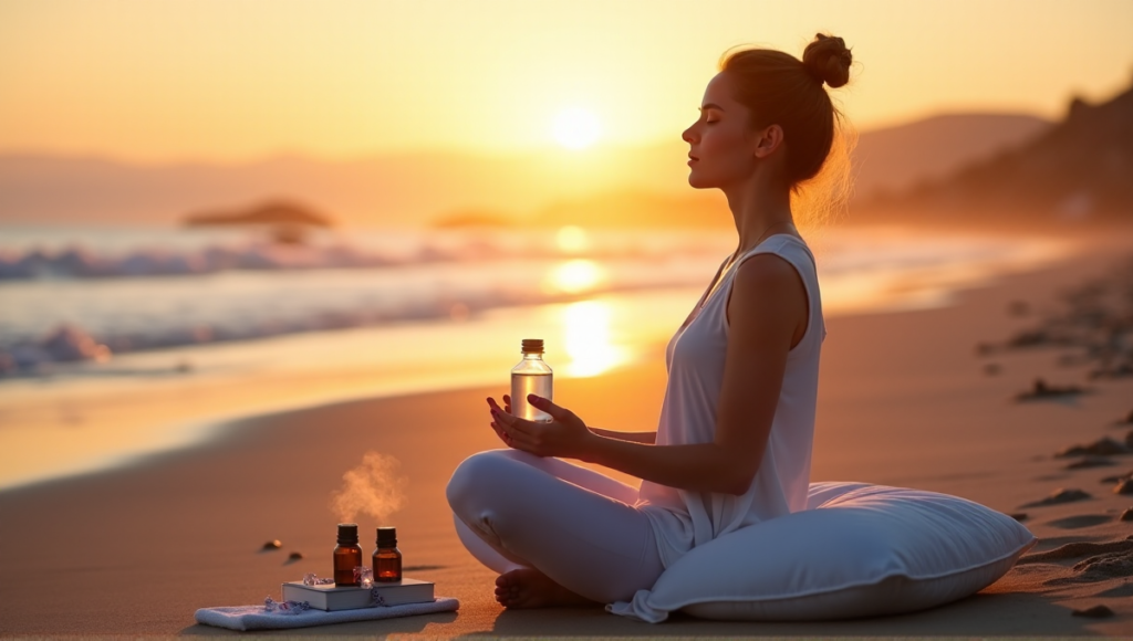 A serene woman sits on a beach at sunset surrounded by mental health devices: meditation cushion, mindfulness journal, crystals, essential oil diffuser, and lavender oil bottle, promoting digital wellness tools for relaxation.