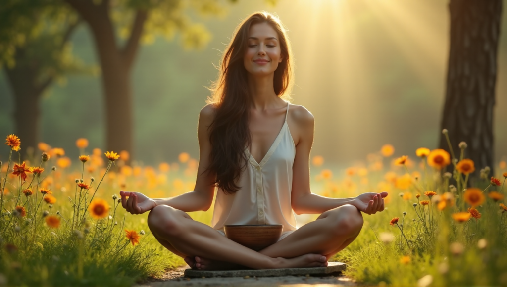 "A serene woman meditates in nature, surrounded by lush greenery and vibrant wildflowers, holding a wooden meditation bowl, promoting digital wellness tools for inner peace."