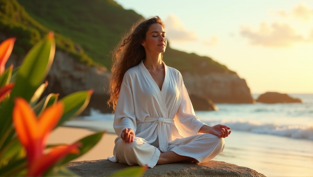 "A serene middle-aged woman meditates on a tranquil beach at sunrise, surrounded by lush greenery and vibrant flowers, embodying inner peace with holistic solutions."