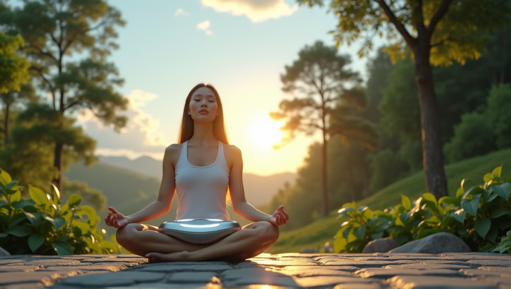 "A serene woman meditates on a natural stone floor surrounded by lush greenery, holding a sleek silver digital wellness tool with soft glow."