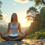 "A serene woman meditates on a natural stone floor surrounded by lush greenery, holding a sleek silver digital wellness tool with soft glow."