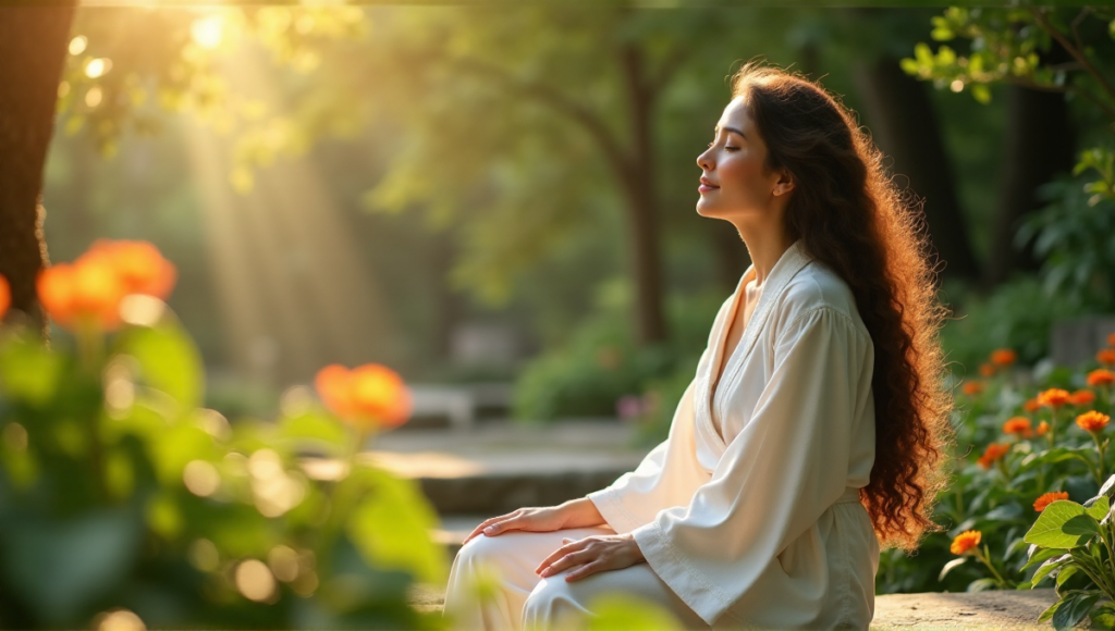 "A serene woman sits on a natural stone bench amidst lush greenery and vibrant flowers, exuding inner peace with calmness and tranquility."