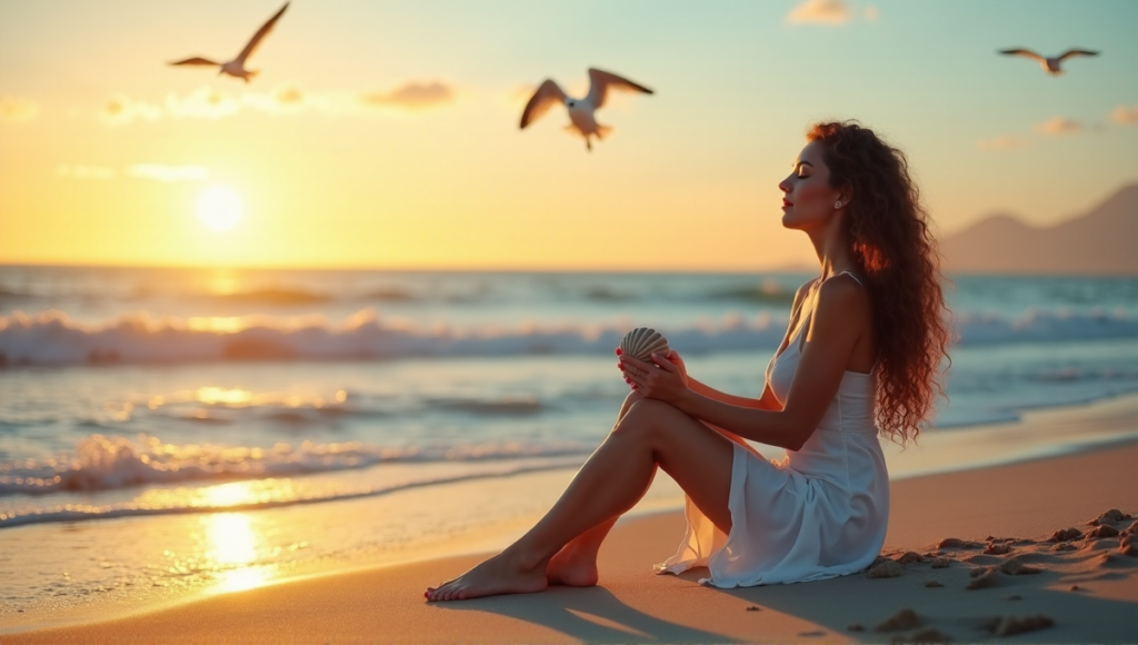 "A serene woman sits on a tranquil beach at sunset, embodying work-life balance amidst digital wellness tools and natural surroundings."