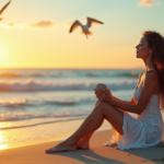Achieve Work-Life Balance in the Digital Age: Unlock Your Full Potential with Holistic Wellbeing Solutions "A serene woman sits on a tranquil beach at sunset, embodying work-life balance amidst digital wellness tools and natural surroundings."
