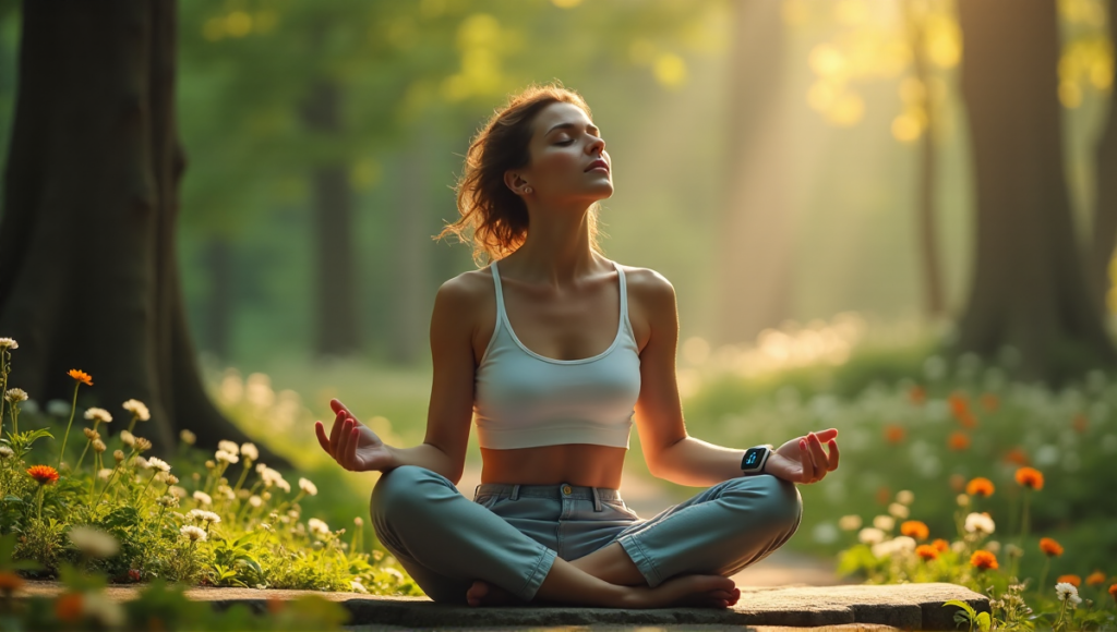 "A serene woman sits cross-legged on a natural stone bench amidst lush greenery and vibrant flowers, surrounded by misty morning fog, with a digital wellness tool on her wrist."