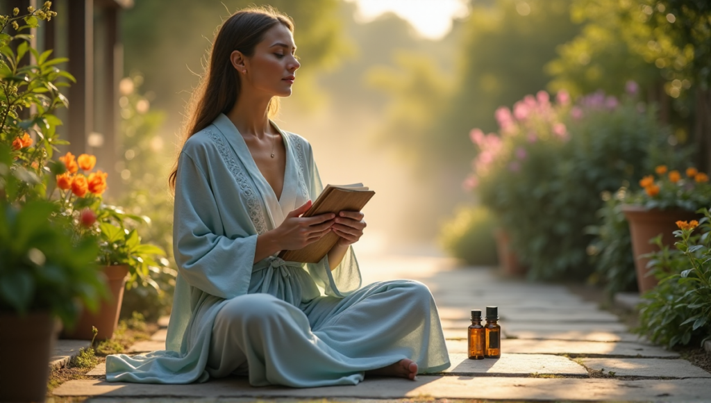 "A serene woman in a pastel blue robe sits on a stone patio surrounded by lush greenery, holding a journal and essential oils, exuding inner peace amidst natural beauty."