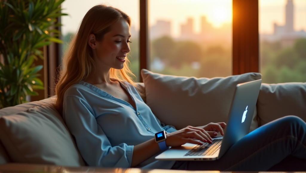 "A woman sits on a minimalist couch amidst lush greenery, surrounded by digital devices emitting soft blue glow, enjoying serene cityscape view."