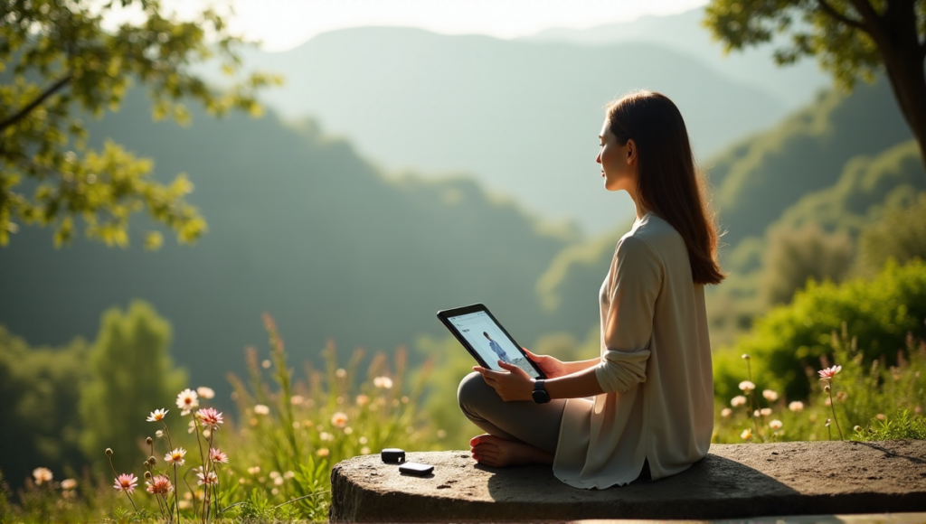 "A serene woman sits on a natural stone bench amidst lush greenery, surrounded by vibrant flowers, with digital wellness tools subtly integrated into her peaceful morning routine."