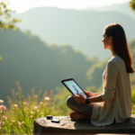 Unlocking Holistic Wellbeing Starts with Calmio: Top Digital Wellness Tools for Inner Peace and Balance "A serene woman sits on a natural stone bench amidst lush greenery, surrounded by vibrant flowers, with digital wellness tools subtly integrated into her peaceful morning routine."