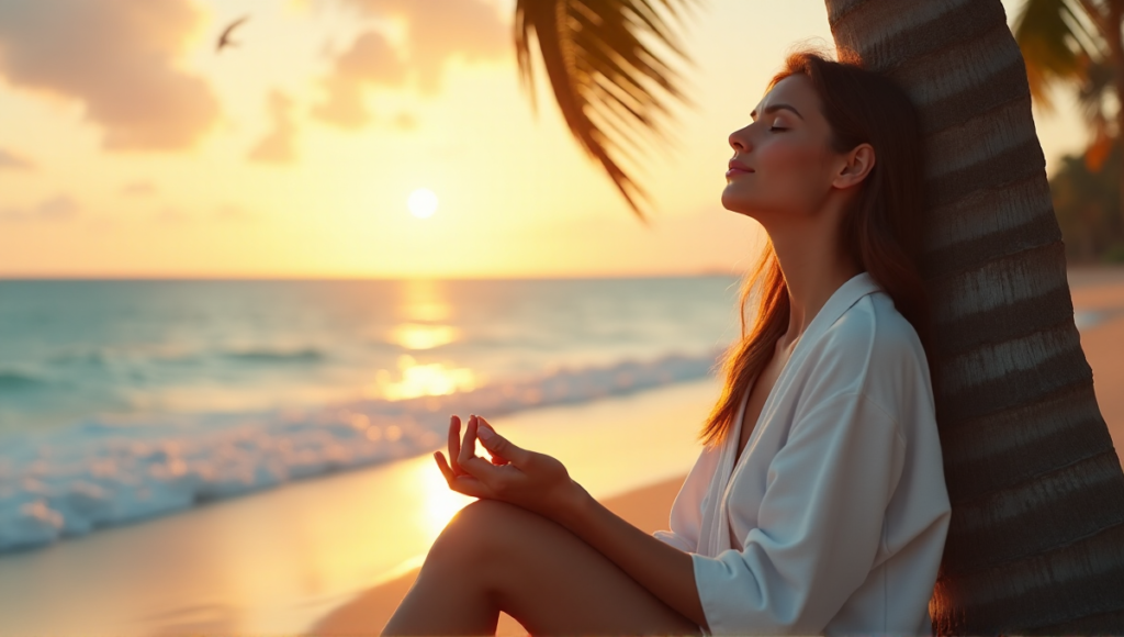 "A serene woman sits on a tranquil beach at sunset, surrounded by soothing ocean waves, exuding inner peace and calmness."