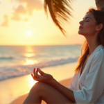 Reduce Anxiety with Innovative Stress-Relief Solutions That Bring Inner Peace "A serene woman sits on a tranquil beach at sunset, surrounded by soothing ocean waves, exuding inner peace and calmness."