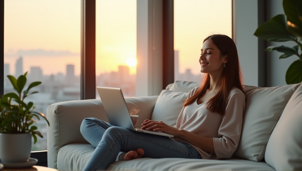 "A young woman relaxes on a minimalist couch surrounded by digital wellness tools like Todoist, RescueTime, Headspace, Calm, and a fitness tracking app."