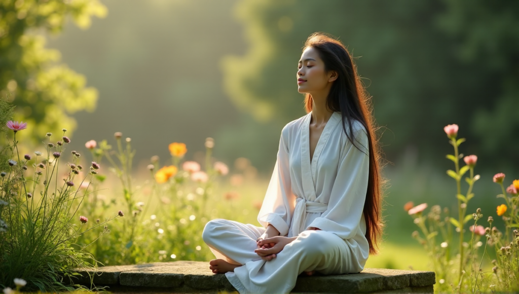 "A serene young woman in a white robe sits cross-legged on a moss-covered bench amidst lush greenery and vibrant wildflowers, exuding calmness and inner balance."
