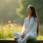 "A serene young woman in a white robe sits cross-legged on a moss-covered bench amidst lush greenery and vibrant wildflowers, exuding calmness and inner balance."