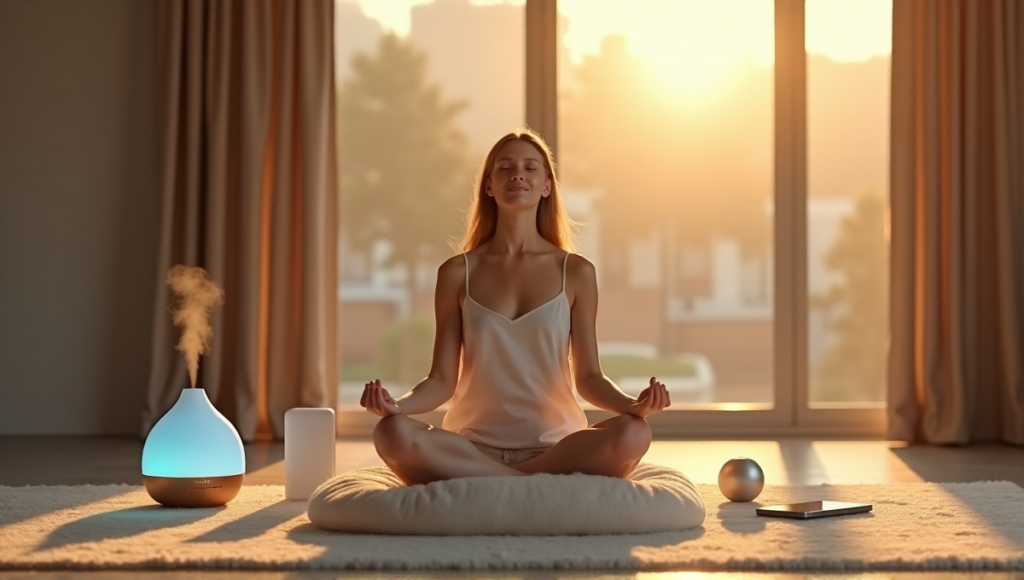 "A woman sits cross-legged on a cream-colored cushion in a serene indoor space surrounded by digital wellness tools, promoting relaxation and inner peace."
