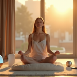 "A woman sits cross-legged on a cream-colored cushion in a serene indoor space surrounded by digital wellness tools, promoting relaxation and inner peace."