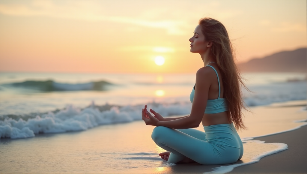 "A serene woman sits on a tranquil beach at sunset, surrounded by calming ocean waves, exuding inner peace and contentment."